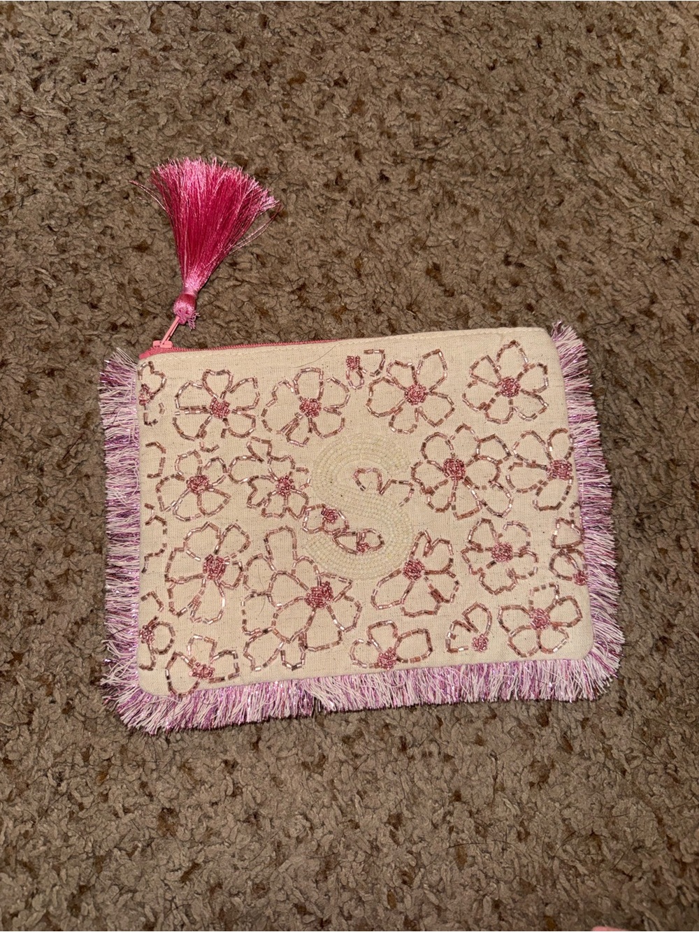 Pink Floral Beaded Tassel “S” Clutch or Cosmetic Pouch